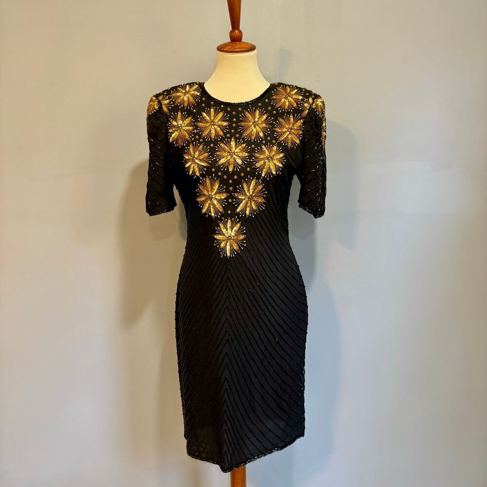 VTG Beaded Silk Cocktail Dress Black Gold Floral Sequin Prom Formal, Size S